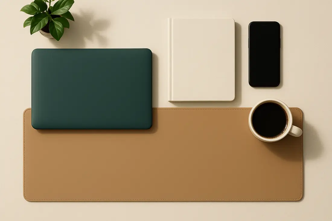 The same desk, calm and organized: a closed laptop, one notebook, a coffee and a plant.